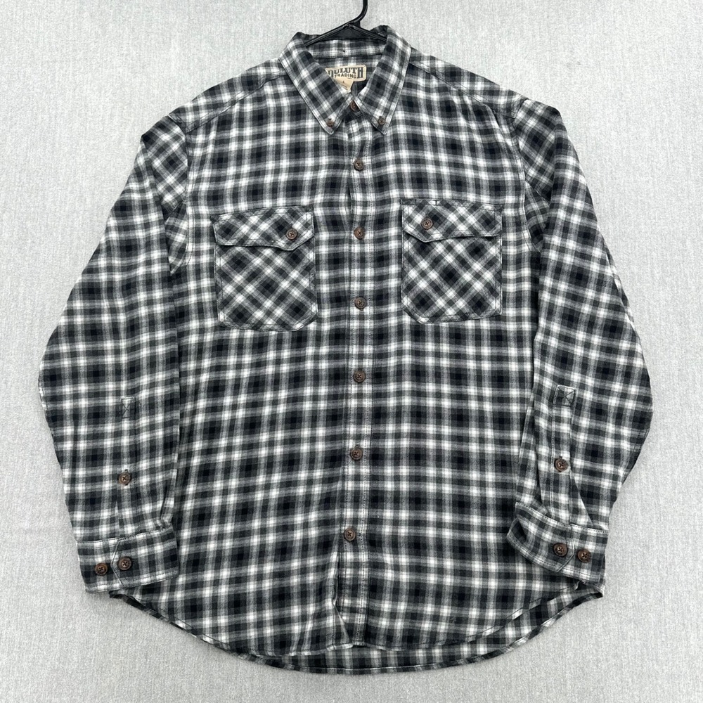 Duluth Trading Button Down Mens Large Black Plaid Free Swing Flannel Work Shirt